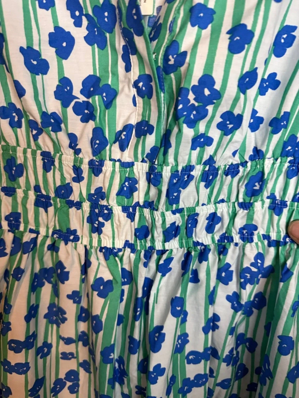 Anthropologie Somerset Blue Floral Tiered Maxi Dress with Green Stripe Accents - Picture 8 of 11